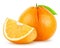 Isolated oranges. Whole orange fruit with leaf and piece isolated on white background with clipping path.