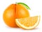 Isolated oranges. Whole single orange fruit with leaf and piece isolated on white background clipping path.