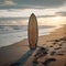 Isolated paradise Surfboard on an empty, serene, and wild beach