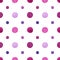 Isolated and pathed pink purple violet watercolor painted dots in seamless pattern on white background