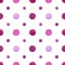 Isolated and pathed purple pink violet watercolor painted dots in seamless pattern on white background