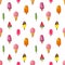 Isolated and pathed sweet iced-cream watercolor painting with wafer cone and Popsicle in seamless pattern on white background