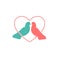 Isolated pink and turquoise pigeons in the heart vector logo. Romantic image. St. Valentines Day greeting card. Love