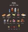 Isolated pixel food icons. Vector multi colored illustration of drinks, snacks and meals on dark background. Original graphics set