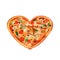 Isolated Pizza with olives, tomatoes, mozzarella, mushrooms and cheese. Dish has heart form for Valentines Day on a white
