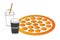 Isolated pizza with soft drink and coffee, minimal vector concept