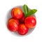 Isolated plums. Fresh plums with green leaves in a bowl on white background. Top view. Flat lay