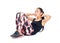 Isolated portrait of athletic slim Asian woman doing sit-ups