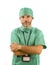 Isolated portrait of attractive and handsome medicine doctor or hospital nurse man in surgical bouffant hat and medical scrub