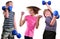 Isolated portrait of children exercising with dumbbells