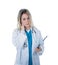 Isolated portrait of frustrated and tired female Doctor Nurse Wearing white coat hospital uniform