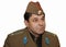 Isolated portrait on a white background of an officer lieutenant colonel of the Soviet army in a soldier\\\'s cap, humor