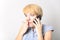 Isolated portrait of young woman phone call. Isolated beautiful girl. Talking mobile phone woman.
