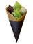 Isolated premium green tea flavor ice cream, soft serve cone, cold dessert decorated with sweet red beans paste and rice dough