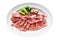 Isolated of Premium Rare Dry-Aged beef with high-marbled texture marinated with pepper and salt on white plate served for Yakiniku