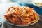 Isolated prepared orange shrimp on background table on kitchen, closeup of fresh prawn products in restaurant, shellfish sea food