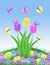 Isolated purple pink and yellow butterfly and easter egg and tulip spring illustration