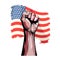 Isolated Raising Human Fist Against USA National Flag Background for Protest Resistance, Standing Up for Beliefs Fighting and