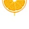 Isolated realistic colored half circle slice of juicy orange with drop of juice on white background.