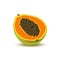 Isolated realistic colored half slice of juicy orange papaya, pawpaw, paw paw with seeds with shadow on white background.