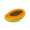 Isolated realistic colored half slice of juicy orange papaya, pawpaw, paw paw with seeds with shadow on white background. Side vie