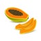 Isolated realistic colored half slice of juicy orange papaya, pawpaw, paw paw with seeds with shadow on white background and two s