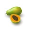 Isolated realistic colored papaya, pawpaw, paw paw half with seeds and whole juicy fruit with shadow on white background.