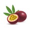 Isolated realistic colored whole and half of juicy purple passion fruit and green leaf with shadow on white background.