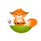 Isolated red cartoon fox cub on white background. Sitting in lotus pose frendly orange fox. Wild animal funny personage do yoga.