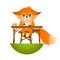 Isolated red cartoon fox cub on white background. Sitting in the school desk frendly orange fox. Wild animal funny personage.