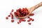 Isolated red dried barberries in the wooden spoon