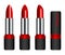 Isolated red lipstick realistic illustration. Side, front and back view. Lipsticks with and without cap. Lipstick mockup