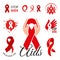 Isolated red ribbon disease awareness logo. World Aids Day concept logotype set. Stop virus icon. International support