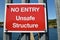 Isolated red and white rectangular warning sign - no entry unsafe structure