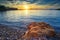 Isolated Rock With Sunset Sky Seascape View At The Alcudia Bay