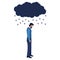 Isolated sad man under a cloud and rain on a white background. Concept of anxiety disorders, mental illness, stress and depression