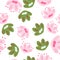 Isolated seamless botanic pattern with random pink and green flowers naive shapes. White background