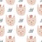 Isolated seamless cat doodle pattern with navy blue contoured crowns. Pastel pink pets faces on white background