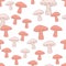 Isolated seamless fall harvest pattern with Leccinum scabrum mushroom ornament. Pink random print