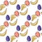 Isolated seamless pattern with abstract banana, apples, plums and pears shapes. Organic food backdrop