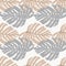 Isolated seamless pattern with beige and light purple monstera palm leaves. White background