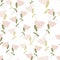 Isolated seamless pattern with random pink flowers shapes print. White background. Tender print