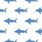 Isolated seamless pattern with underwater shark ornament. Blue fishes on white backround