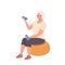 Isolated senior woman cartoon character sitting in fitness ball for training using dumbbells weights