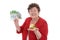 Isolated senior woman with money and gold: concept for pension a