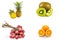 Isolated set of fruits including pineapple kiwi lychee orange citrus on white background