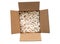 Isolated shipping brown box with packing peanuts on white background, Top view image brown cardboard box with safety foam