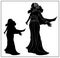 Isolated silhouette of a beautiful, young girl with lush hair in full growth. Cute, slim princess in a long dress