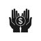 Isolated silhouette of coin money in two black hands on white background. Symbol of cash charity investment. Icon of wealth