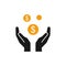 Isolated silhouette of some yellow coins, money in two black hands on white background. Symbol of cash charity investment. Icon of